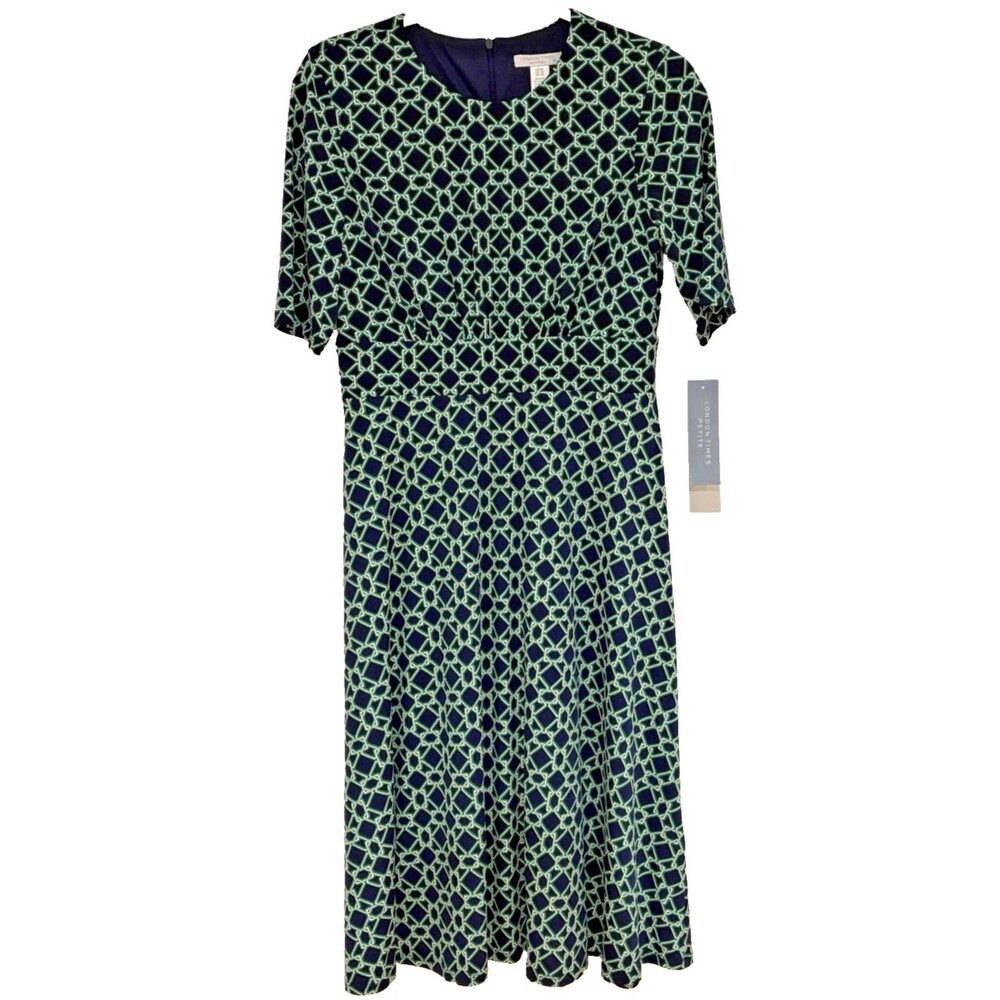 London Times Dress Women's Size 6P Petites Navy Blue Green Printed A-Line NWT
